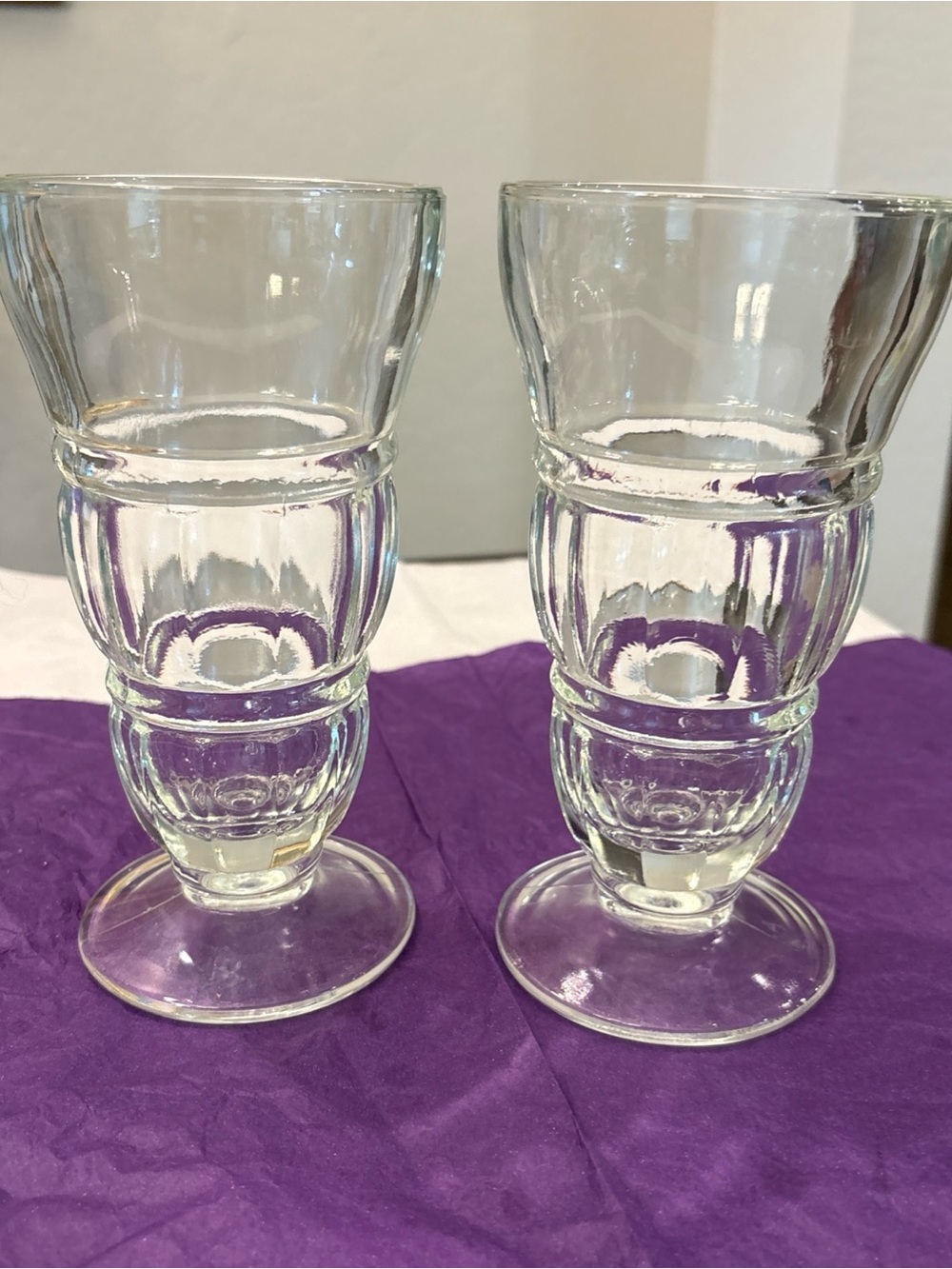 2 Indiana 8" Clear Glass w Ribbed Panels, Ice Cream Shake Glasses 13 oz VTG, EUC